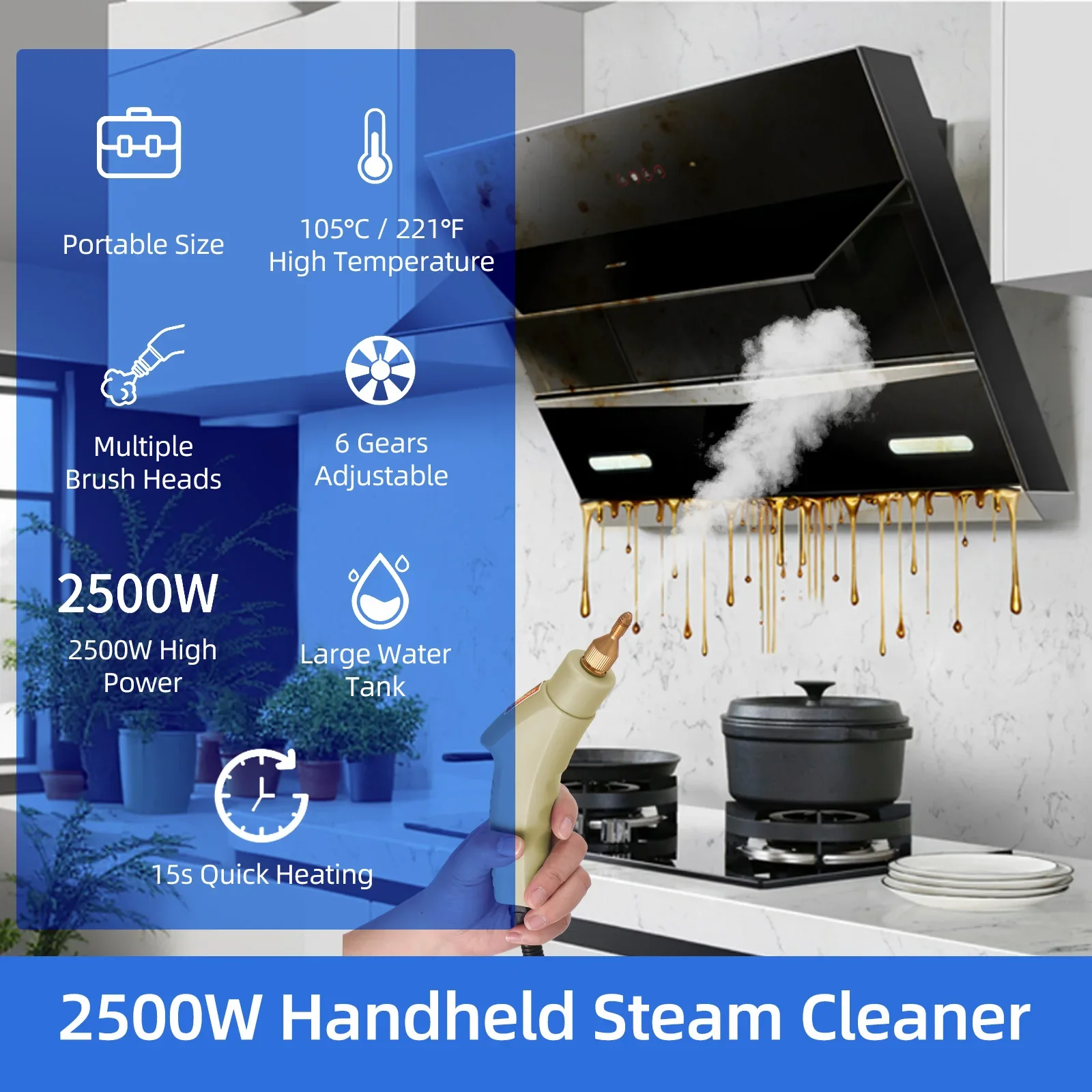 2500W High Pressure Steam Cleaner 1100ml 3 Bar Portable Handheld Steam Cleaners with 3 Brush Heads Steam Cleaning Machine