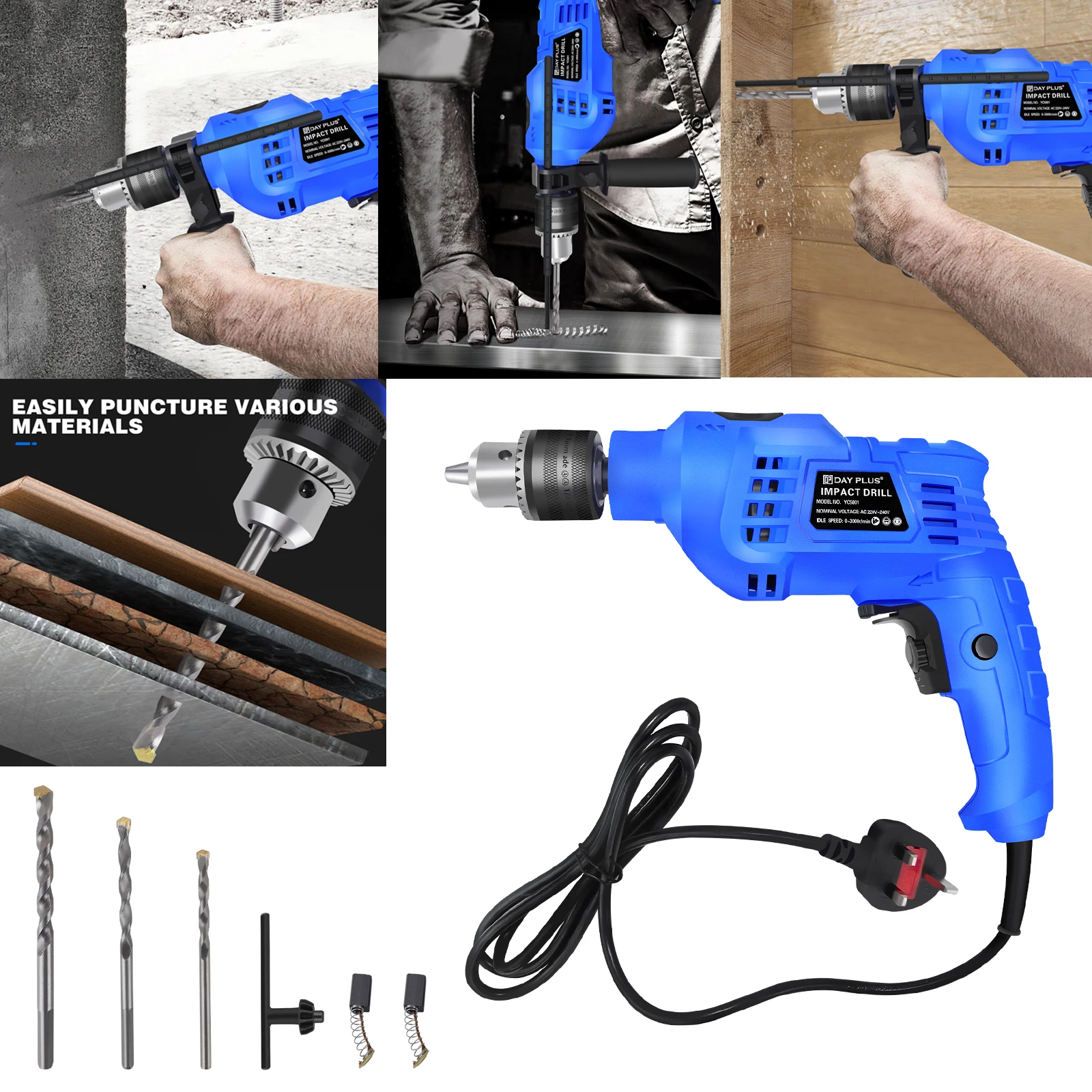 Hammer Drill 240V for Wood Metal Concrete,3000rpm Variable Speed, 2 in 1 Electric Drill Impact Drill with 360° Rotating Handle.