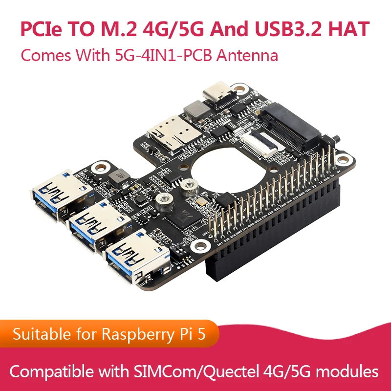 

PCIe до M.2 4G/Φ и USB3.2 головка со стандартной антенной 4-in1-pcb для Raspberry Pi 5 совместима с SIMCom/ Quectel 4G/стандартными модулями