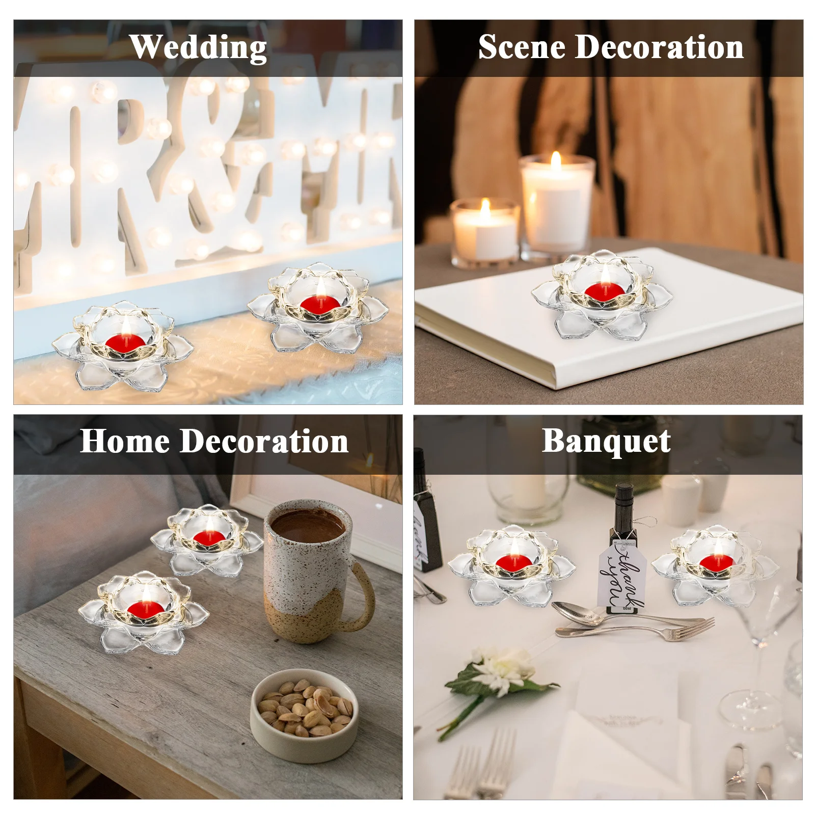 

4Pcs Glass Lotus Holders Crystal Effect Exquisite Petals Compact Size Wedding Banquet Home Decoration Supplies