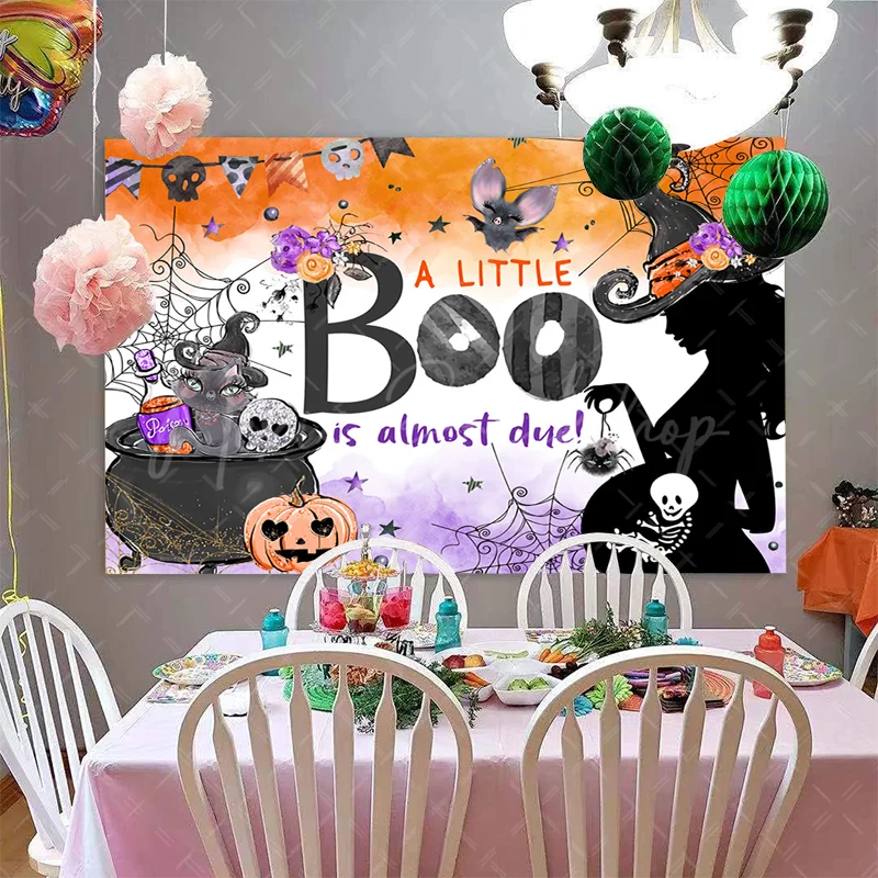 Little Boo Almost Due Backdrop for Halloween Baby Shower Party Decorations Witch Theme Halloween Baby Shower Banner Supplies