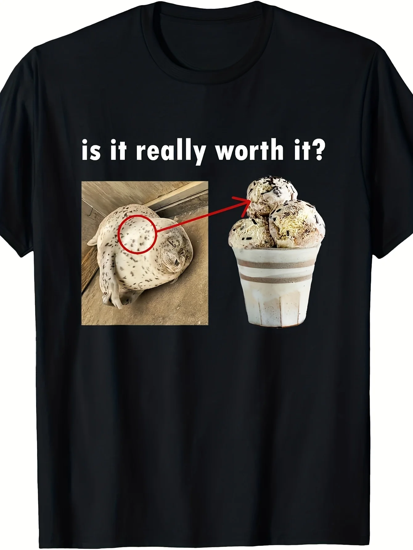 

Funny Viral Meme T-Shirt Is It Really Worth It Silly Seal Design with Meme Text Round Neck Tee for Parties Beach Casual Attire