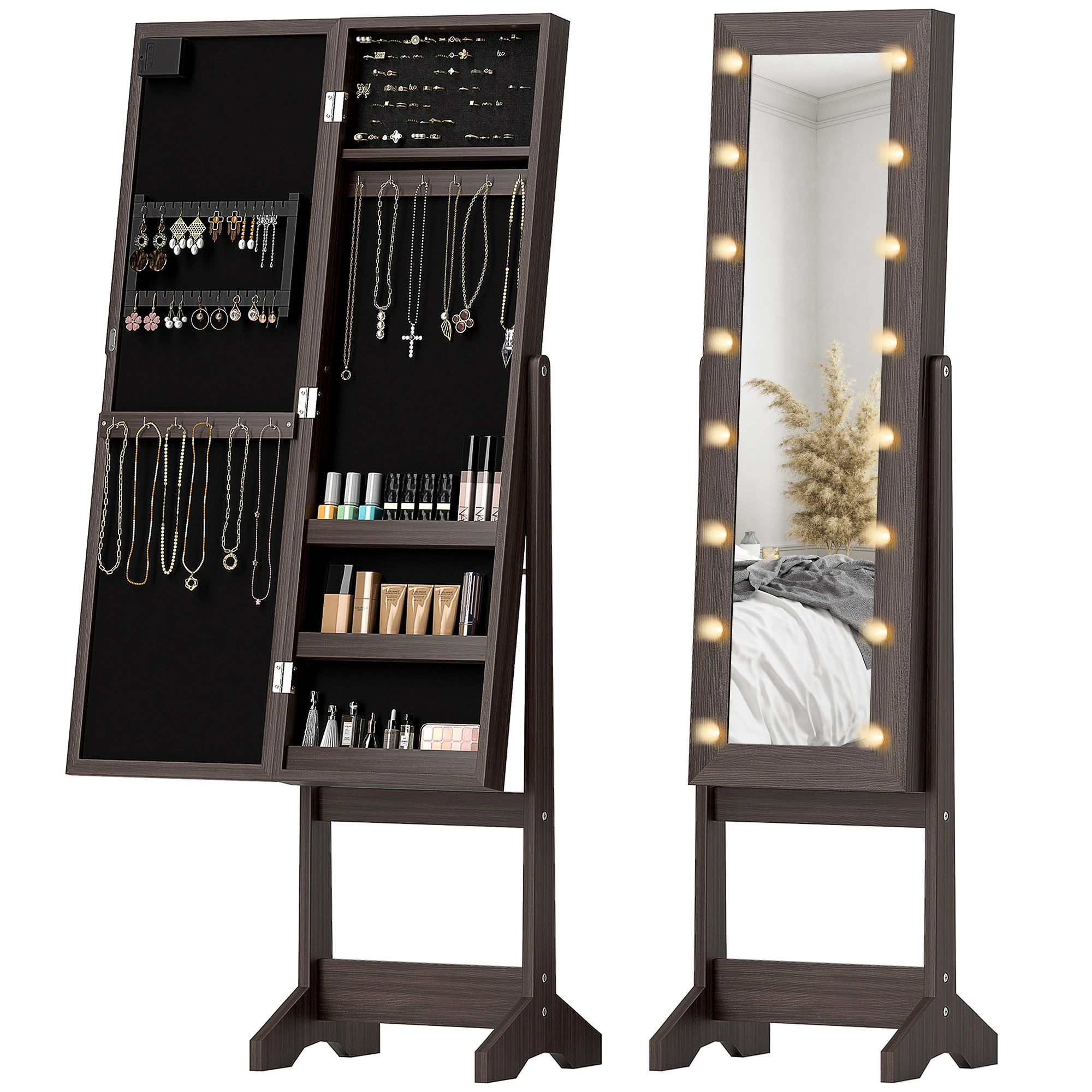 Freestanding Mirrored Jewelry Storage Cabinet with LED Lights