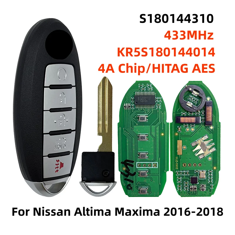 

S180144310 KR5S180144014 433MHz 4A Chip HITAG AES 5Button Smart Remote Car Key Fob For Nissan Altima Teana Maxima 2016 2017 2018