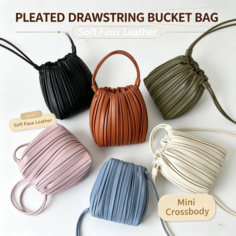 Women New Pleated PU Crossbody Bag,Korean Fashion Versatile Phone Shoulder Bag Small Drawstring Bucket Handbag for Daily Use