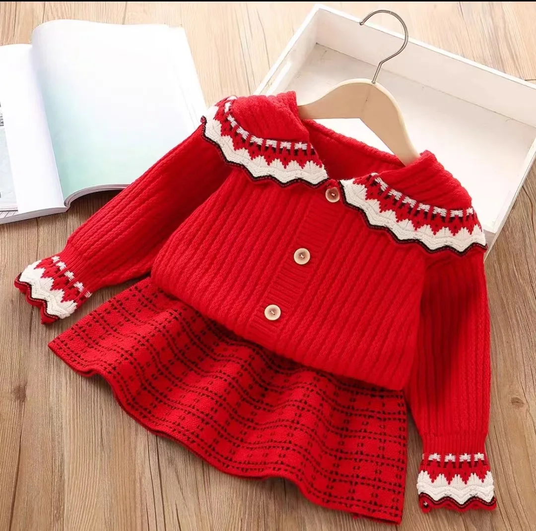 Toddler Girl Knitted Clothes Sweet Kids Sweater Cardigan Top With Plaid Skirt Two-Piece Outfit Set Children Casual Warm Clothing