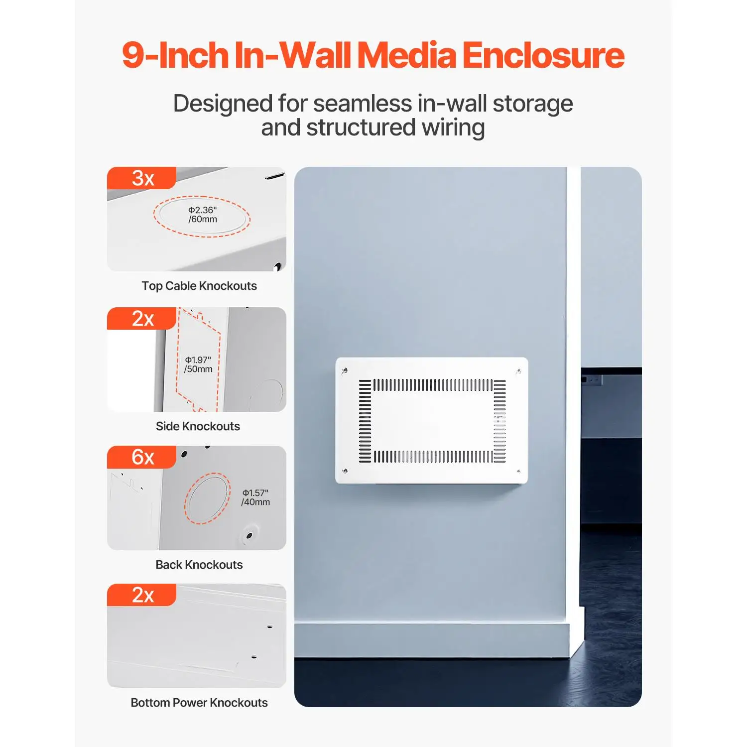 9 Inch Recessed In Wall Structured Media Enclosure with Cover Cold Rolled Steel Wiring Cabinet for tv Home Theater Cable Management