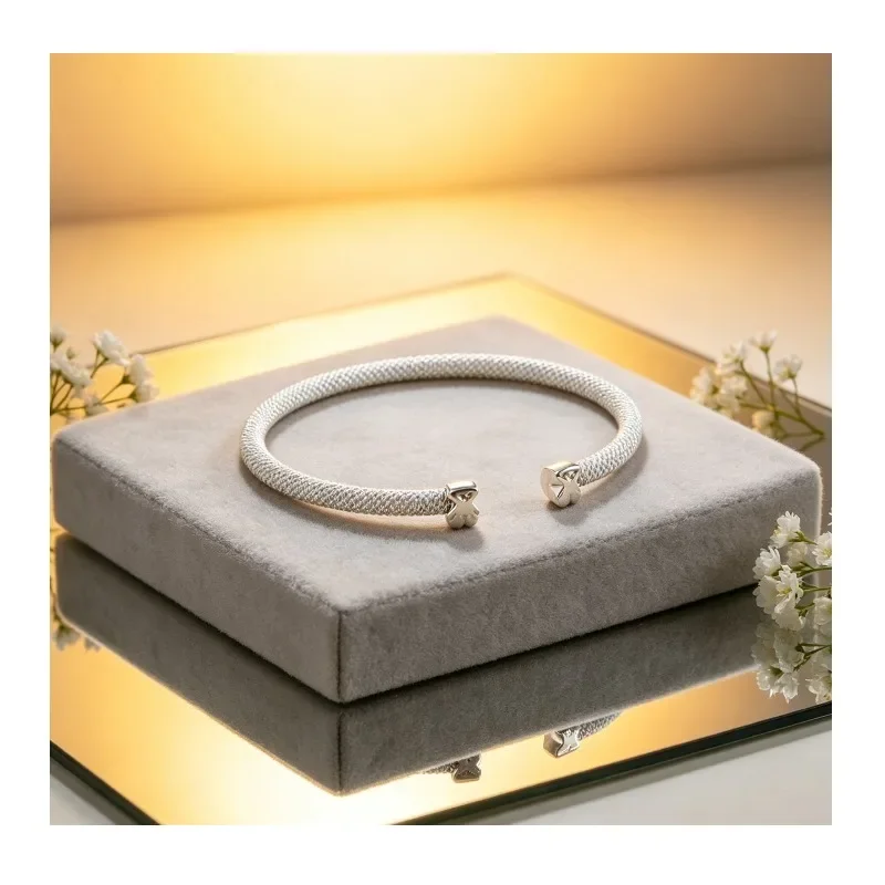 New Silver Mesh Cuff Bangle with Bear-shaped Tips, Minimalist Open Bangle for Women