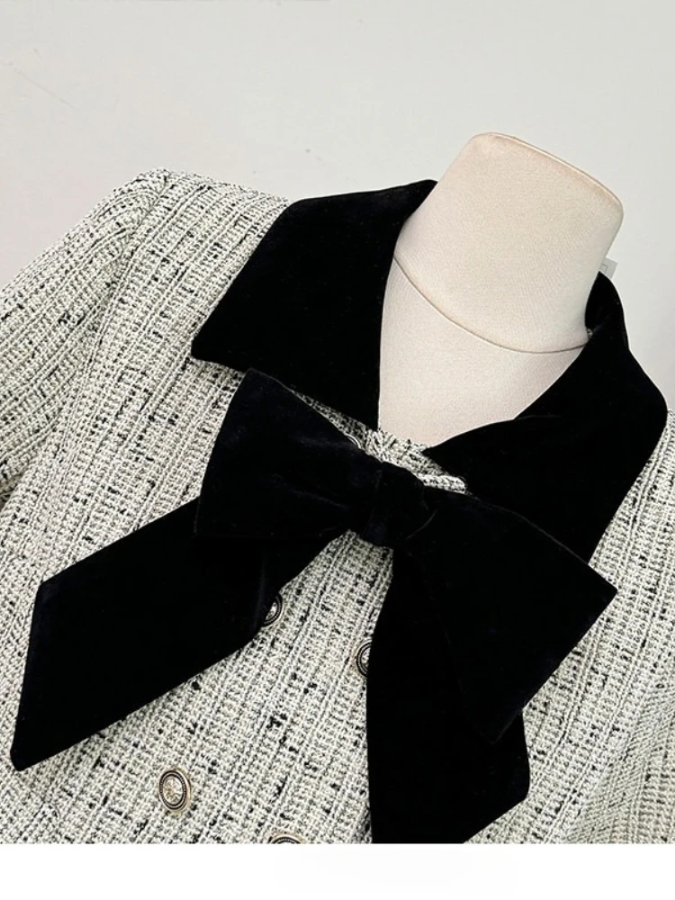 French Style Elegant Tweed Two Piece Set Women Color Block Lapel Collar Bow Short Jacket+High Waisted A-Line Pleated Skirt