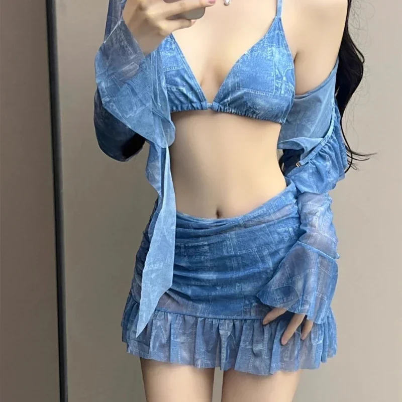 4-teiliger Badeanzug für Damen, Neckholder-Badeanzug, lange Ärmel, Badebekleidung mit Überzug und Strandrock, Sommer-Badeanzug, Badeanzug