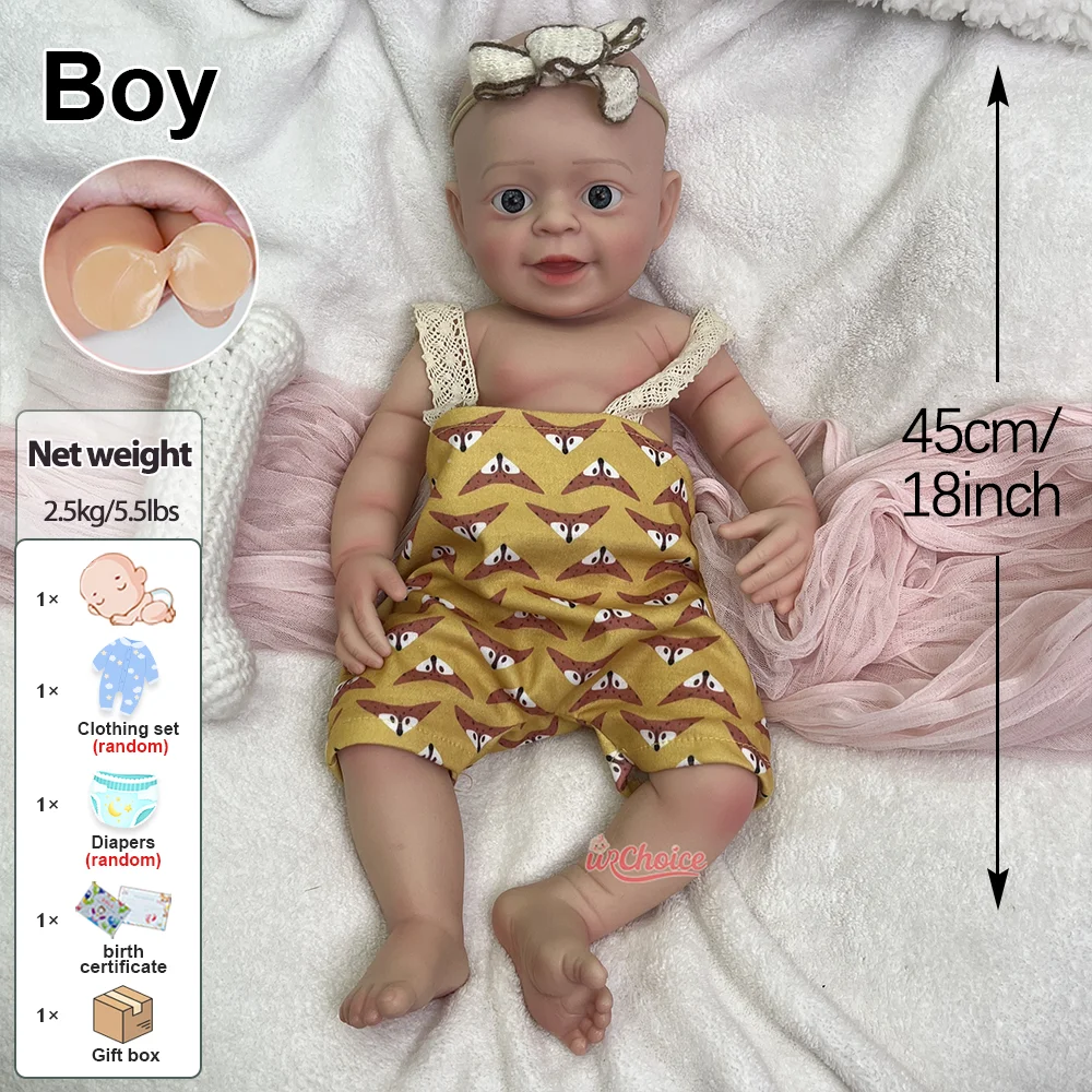 18" herboren baby volledige siliconen pop met fopspeen open mond en ogen kunstmatig kinderspeelgoed voor verjaardagscadeaus