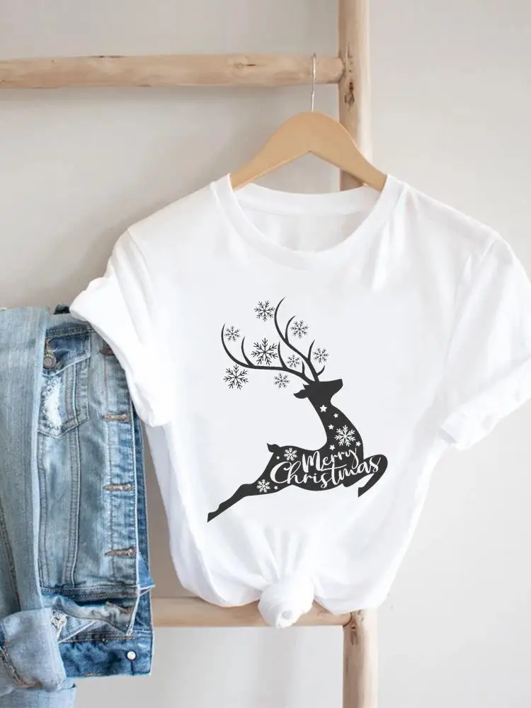 

Graphic T Shirt Fashion Print Women Merry Christmas Deer 90s Trend Cute Clothing New Year Top Holiday T-shirt Short Sleeve Tee