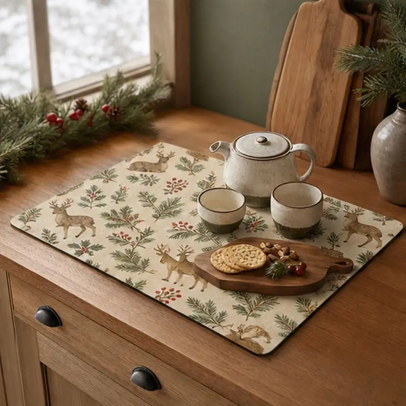 VIKAMA Rustic Christmas Dish Drying Mat Absorbent Non Slip Kitchen Counter Mat Tableware Drainer Pad Party Home Decor