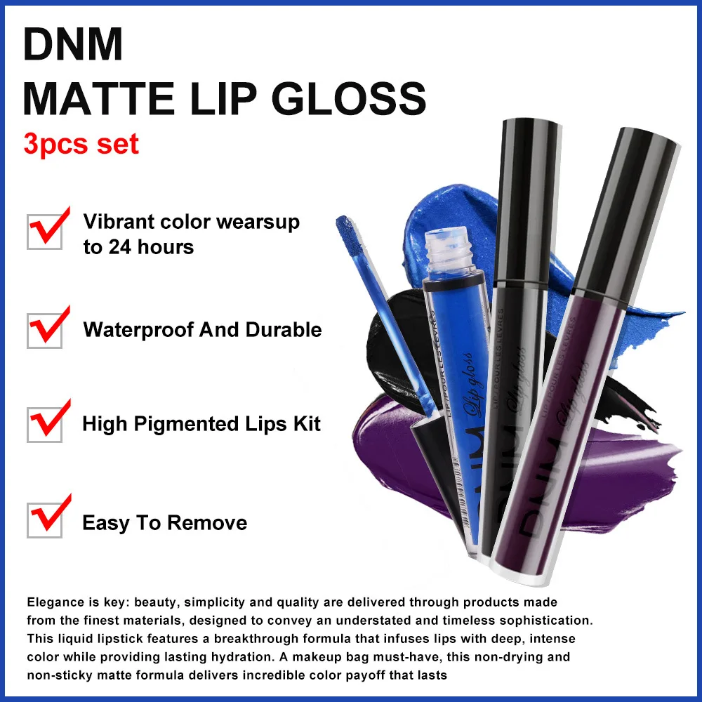 DNM 3 Pcs/set Matte Lip Gloss Waterproof Long Lasting Non-stick Cup Lipstick Black Blue Metal Glitter Lip Makeup for Women Party