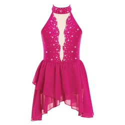 Bambini ragazze lucido strass balletto danza vestito ginnastica body lirico Costume moderno aperto indietro orlo irregolare vestito Dancewear