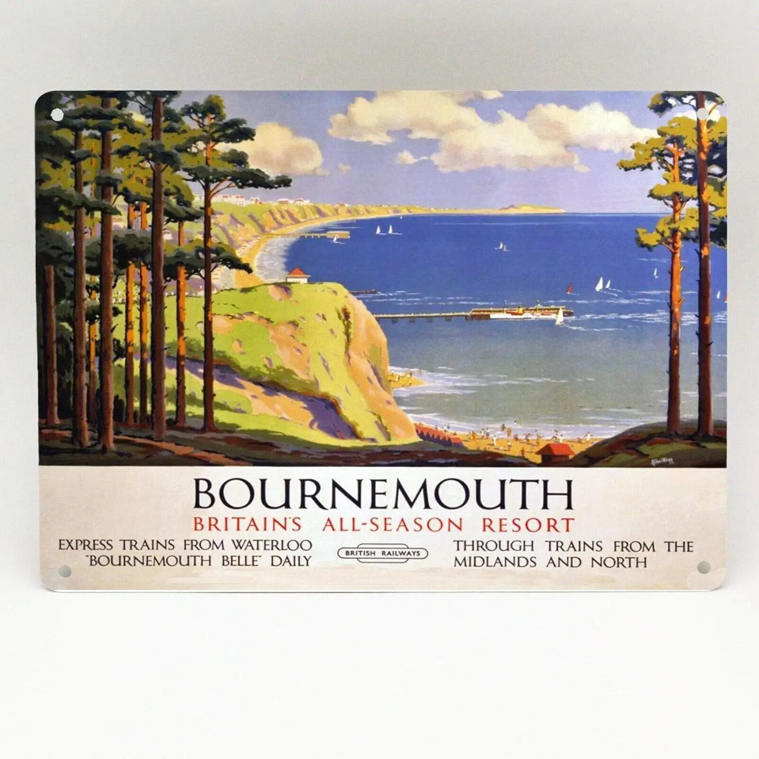 

BOURNEMOUTH SOUTHERN REGIONS RAILWAY POSTER METAL SIGN BRITISH RAIL TRAVEL TRAIN METAL TIN SIGN