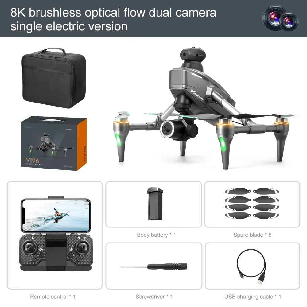 V196 Pro 8K HD Dual Camera Drone Luchtfotografie Borstelloze motor Optische stroom Obstakel vermijden RC Quadcopter Legering Dron