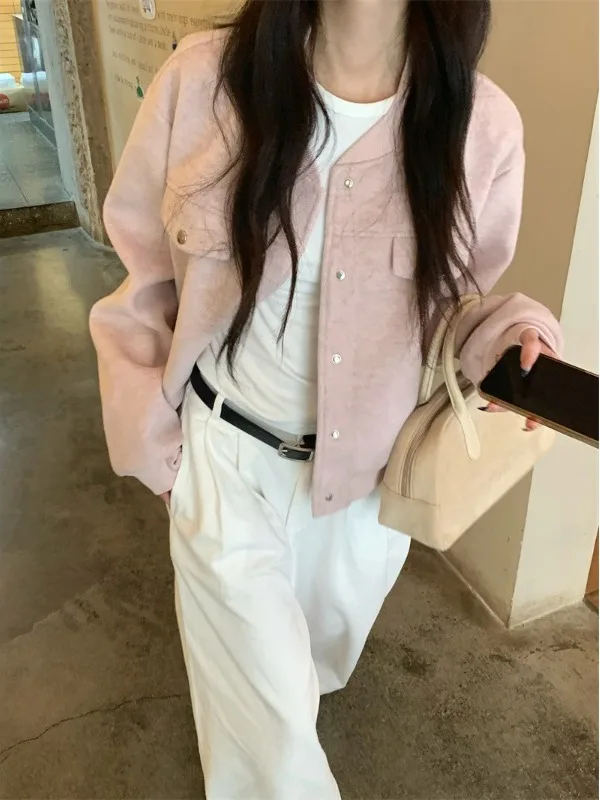 

Новая женская свободная весенняя куртка в корейском стиле из розовой шерсти, универсальная, маленького размера, модная, в стиле бейсбольной куртки, с пуговицами, повседневная