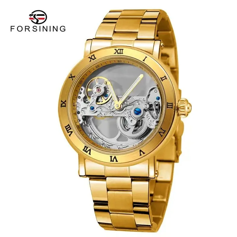 Fashion Forsining Top Brand Transparent Skeleton Mechanical Men Leather Waterproof Luminous Hands Steampunk Automatic Watches