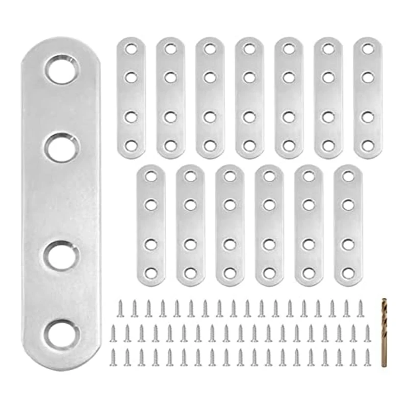 14PCS 2.99 X 0.63Inch Straight Brace Stainless Steel Flat Bracket Fit For Wood Desk Chair Cabinet Drawer Closet