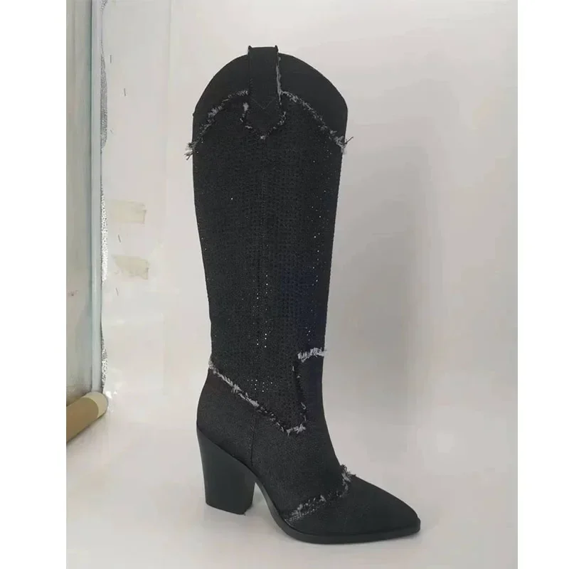 Gorgeous Rhinestone Western Cowboy Boots Retro Denim Pointed Square Heel Heightened Knight Boots Large Size Women's Boots 34&43