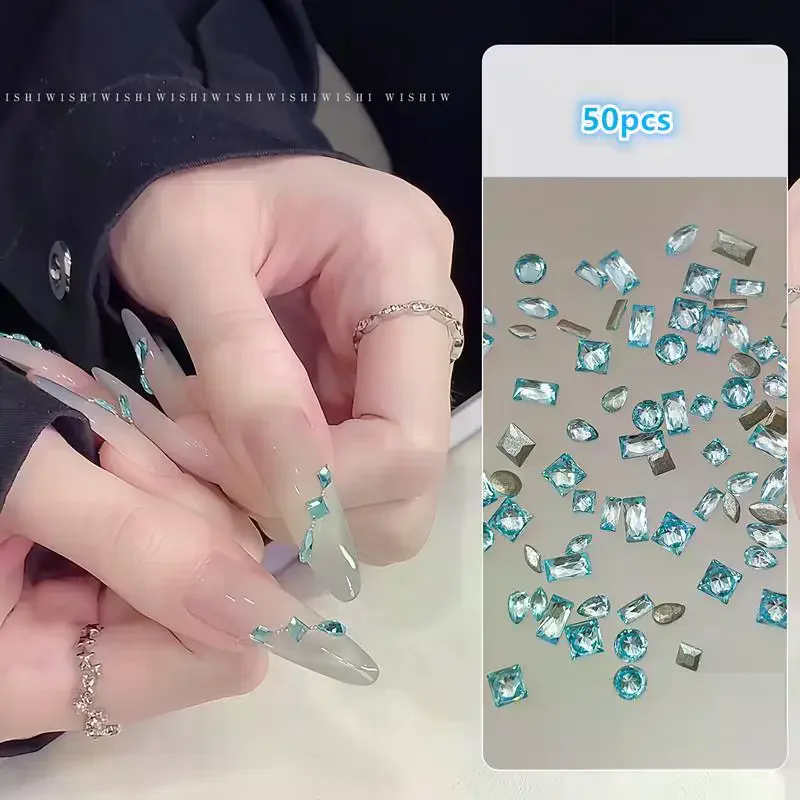 50 Pcs Nail Art Light Blue White Crystal Glass Ocean Blue Flat Bottom Bare Rhinestone Heart Squar Nail Decor Gems Accessories