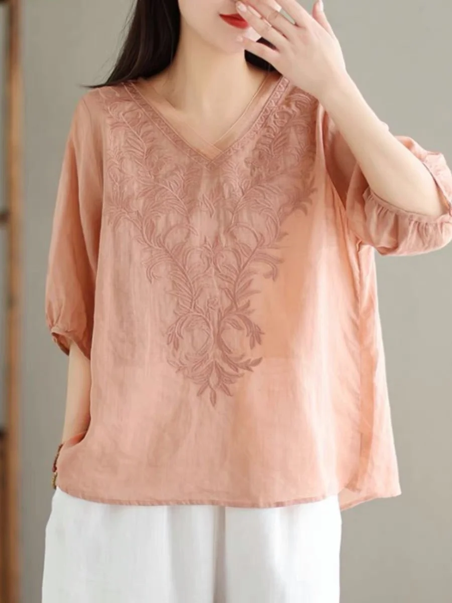Nueva Csa de Lino Bordada para Mujer 2025 Verano Deada Manga Corta Vintage Hoada Talla ande Aodón Lino Versátil Top
