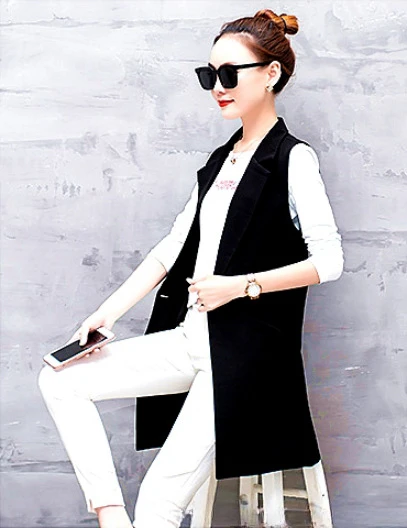 2024 New Spring Autumn Thin Mid Length Suit Korean Edition Slim Sleeveless Jacket Solid Color Office Women's Top Vest F390