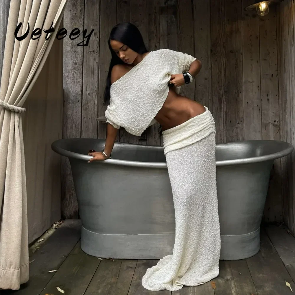 

Ueteey Summer Knit Beach Skirt Sets Women Sexy See Through Two Piece Outfits Long Sleeve Top and Maxi Skirt Matching Set 2025