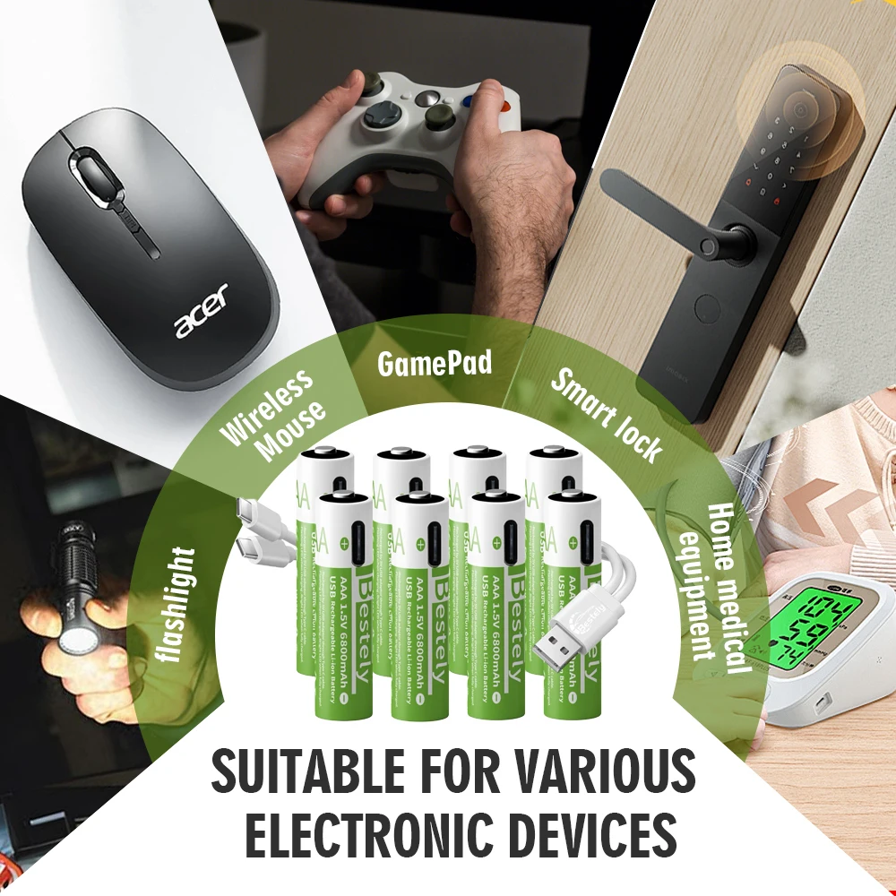 Bestely 1.5V AAA USB-C Rechargeable Battery 6800mAh, 2000 Cycles, for Remote/Mouse/Toy