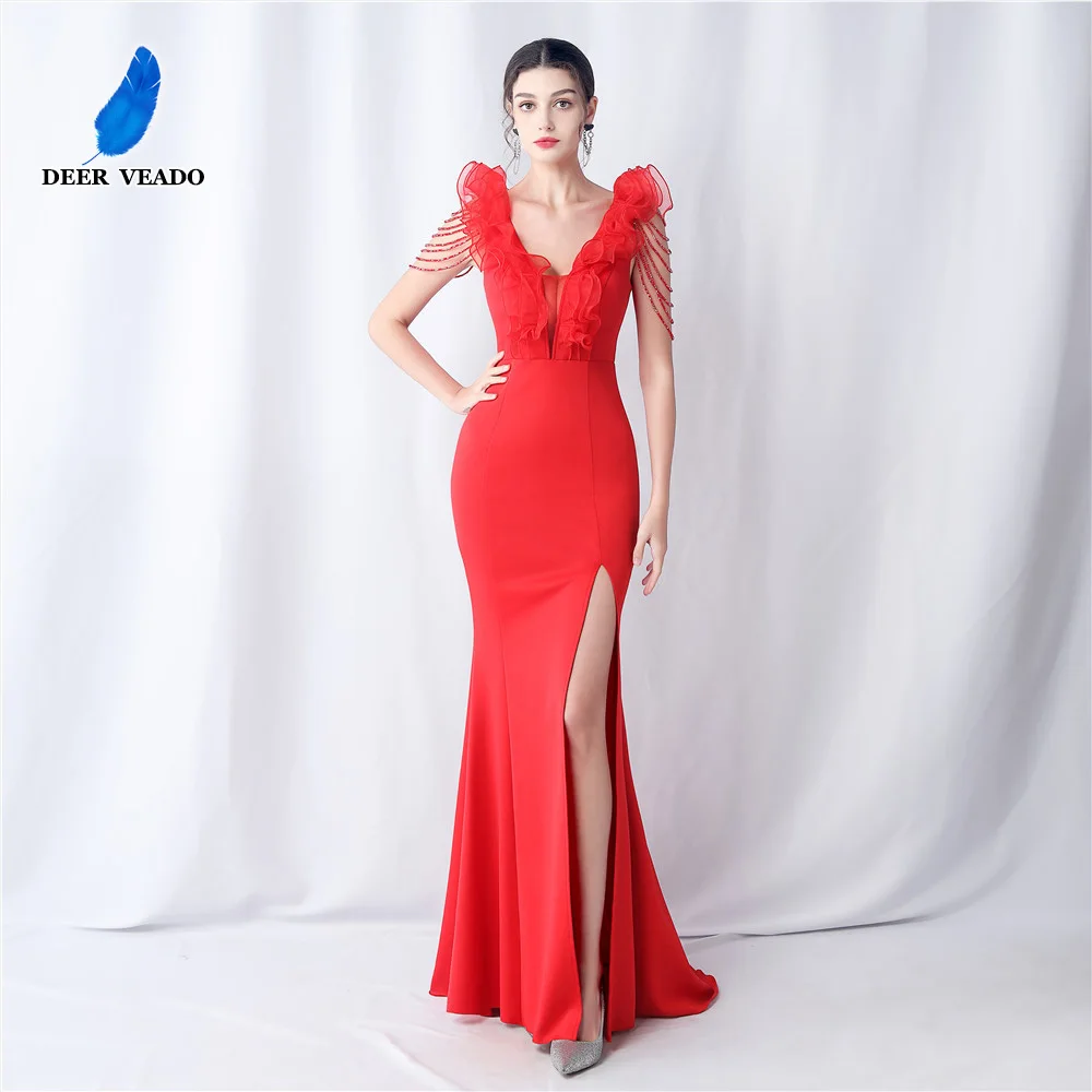 

DEERVEADO Elegant Mermaid V Neck Soft Satin Evening Dress for Woman Beading Formal Occasion Dresses Long Wedding Party Dress