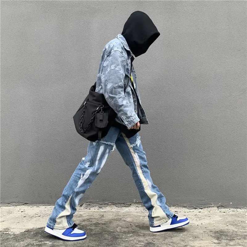 

Washed Spliced Loose Straight Jeans Men's Trendy Brand High Street Vibe Wind Cotton Casual Trousers for Teenagers