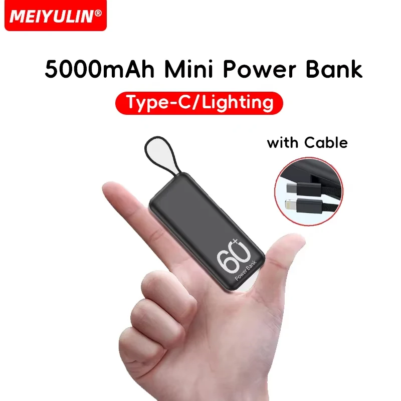 5000 mAh Mini-Powerbank mit Typ-C/Beleuchtungskabel, Schnellladegerät, tragbarer externer Akku für iPhone 16 Samsung Xiaomi Powerbank
