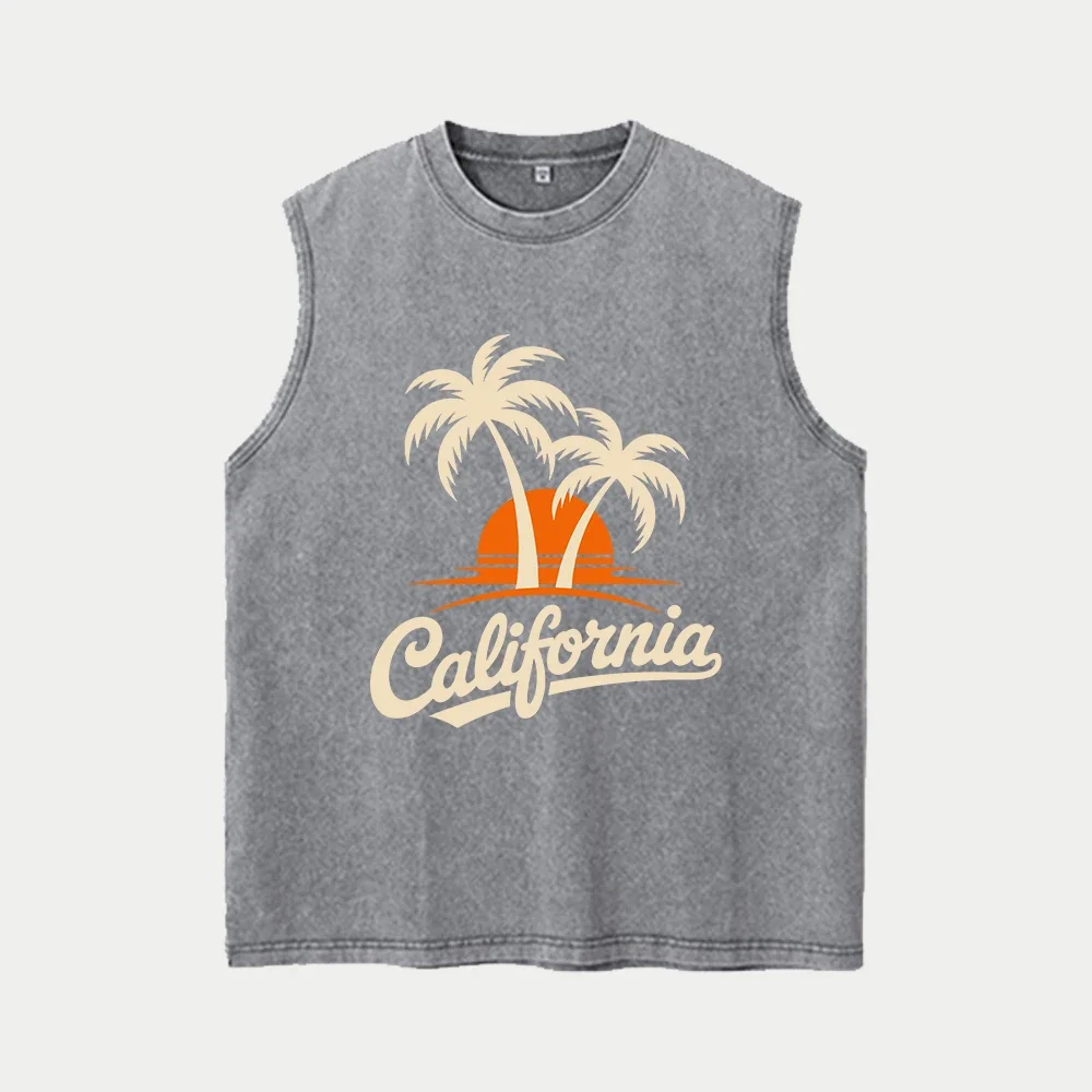 Men's Coconut Tree Print Pure Cotton Washed Vest Summer Fashion Casual Heavyweight Distressed Sleeveless Vest New Style