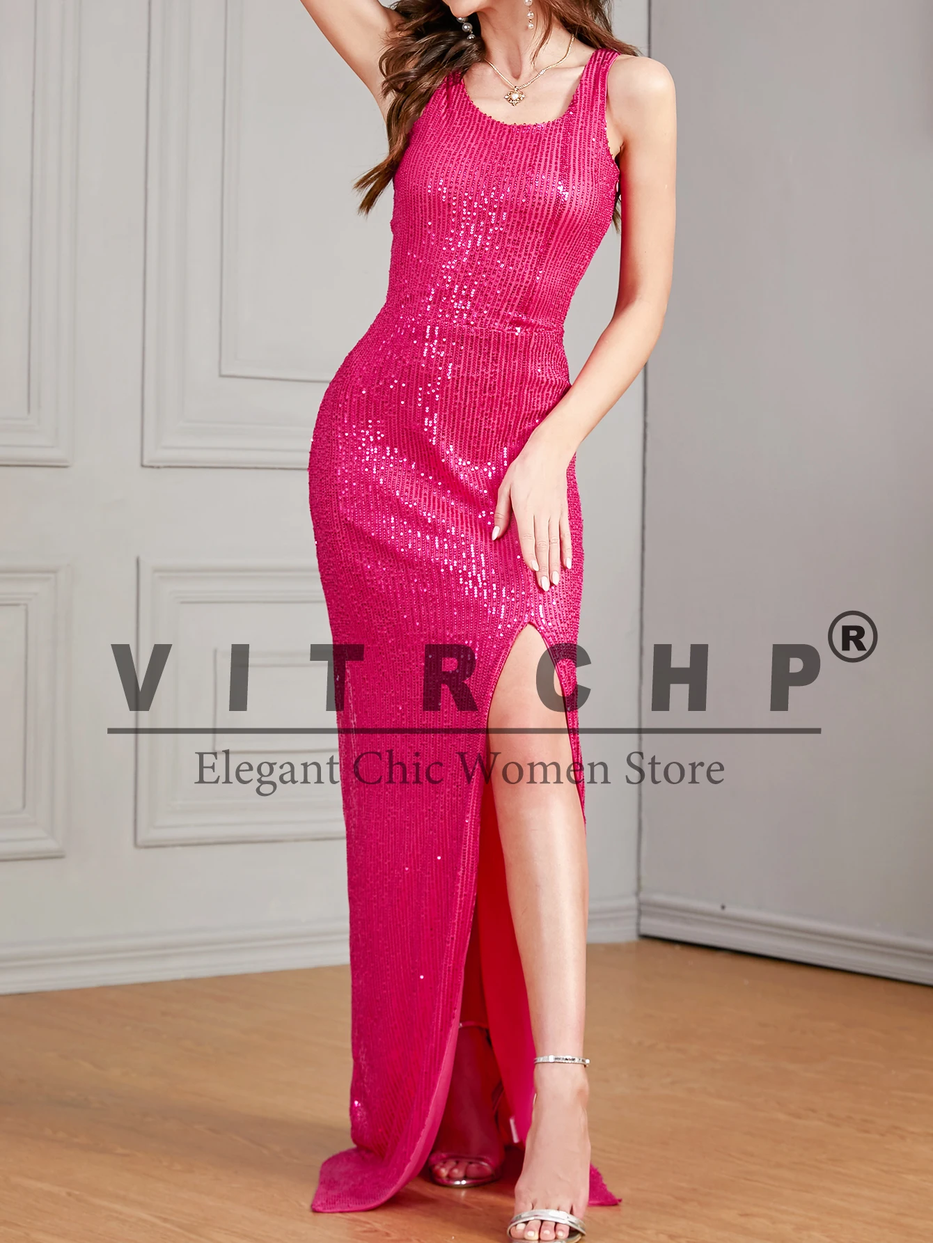 VITRCHP Women Sequin Long Prom Dress V Neck Rose Red Sequin Evening Dress Sexy Party Mermaid Sparkling Maxi Dress