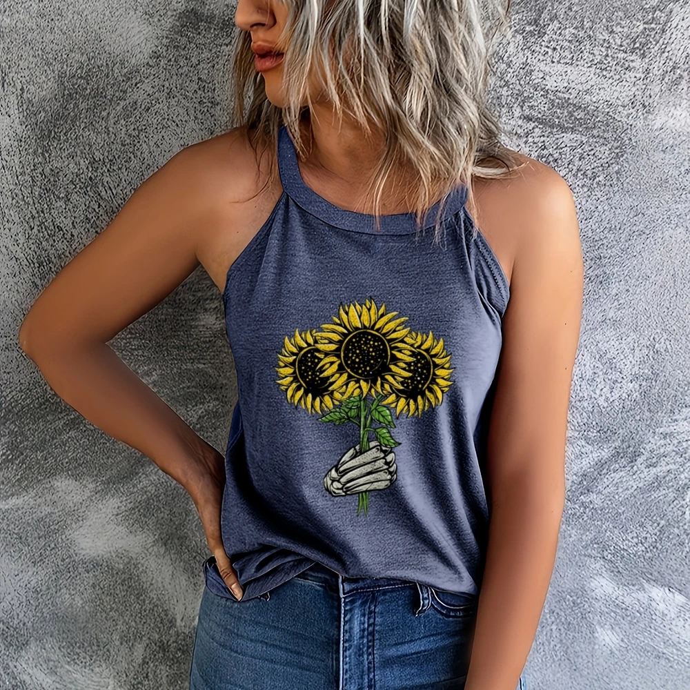 Sonnenblume Halloween Frauen einfarbig vielseitige Weste Rundhals Weste trend ige Tanktops Sommer Tank Top Workout Tank Top