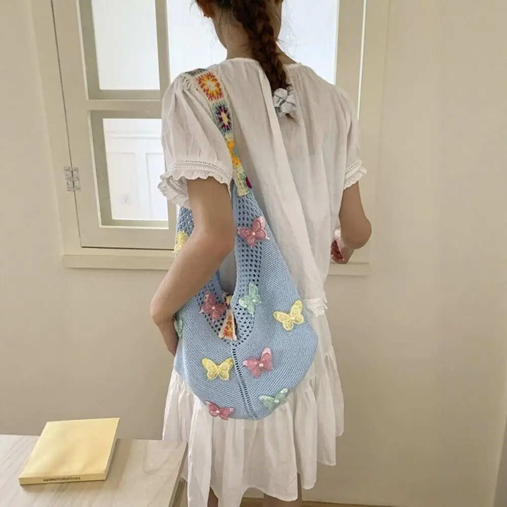 

Модная богемная вязаная сумка-тоут с бабочками, большая вместительная сумка в этническом стиле бохо, ажурная сумка-тоут, пляжная сумка, связанная крючком