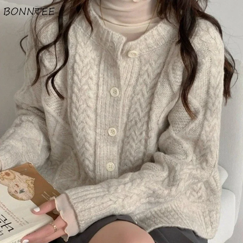 

Cardigans Women Japanese Style Sweet Girls Button-up Jacquard Pleated Solid O-neck Long Sleeve Knitted Tops Home All-match Chic