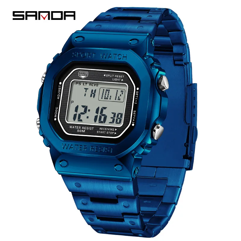 SANDA 2162 Men\'s Electronic Watch Square Waterproof Multi functional Wrist Watch Square Fashion Night Light Steel Digit Watches