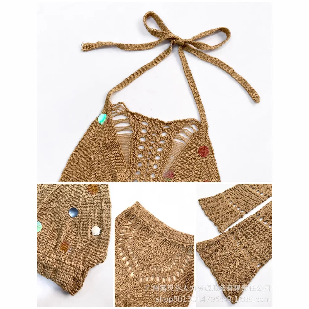 바지 세트 여성 두 조각 세트 등받이 매칭 세트 짧은 탑 비치 니트 속이 빈 넓은 다리 긴 바지 높은 허리 여름