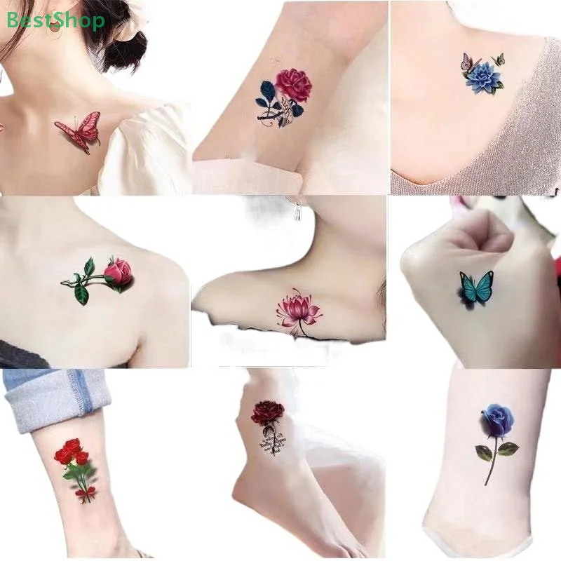 20 fogli adesivi per tatuaggi temporanei impermeabili con fiori e farfalle, adesivi per il corpo rimovibili sexy, moda donna, di lunga durata