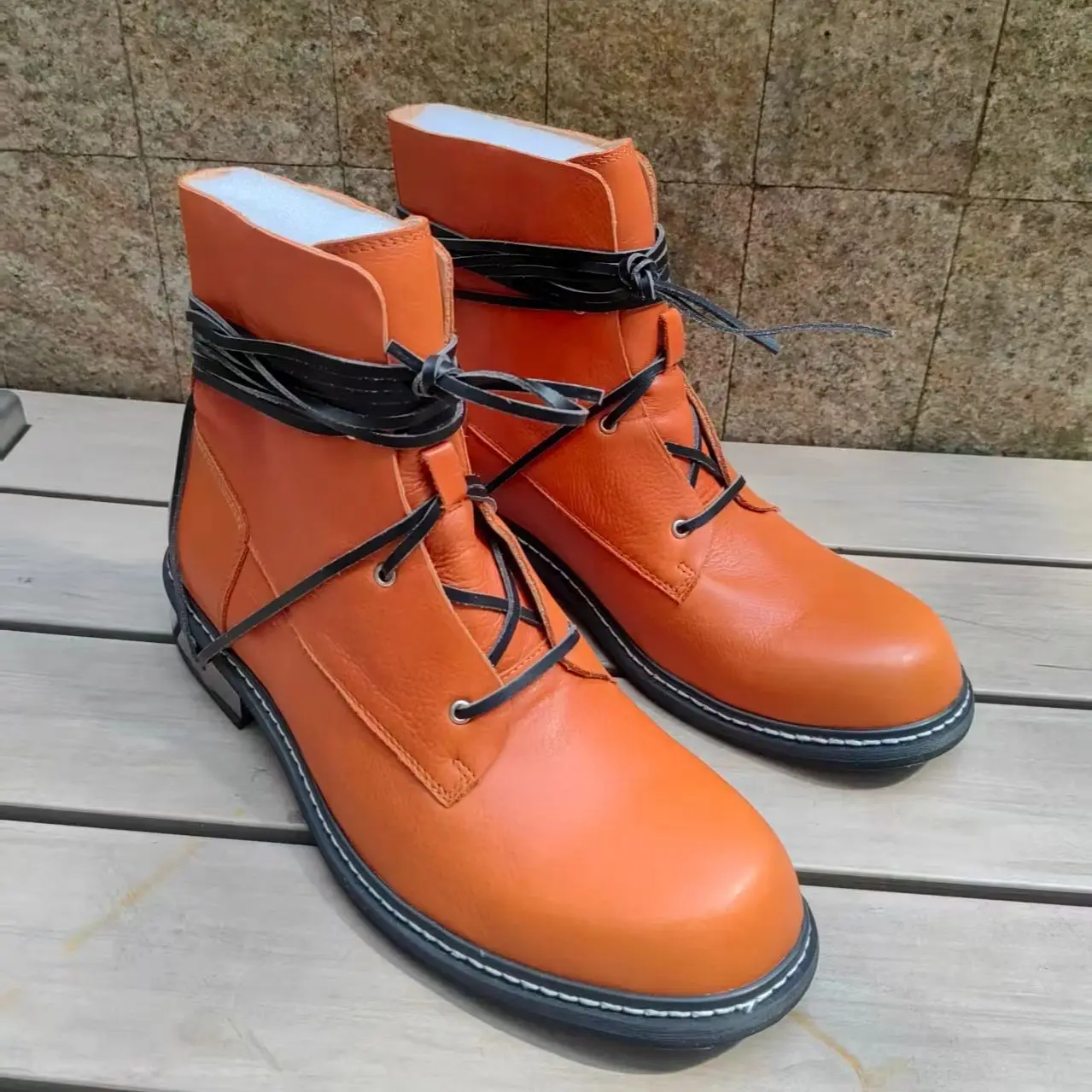 

Blue Orange Color Leather Mid Men’s Boots Black Narrow Band Lace-Up Short Botas Male Round Toe Metal Heel Designer Shoes Concis