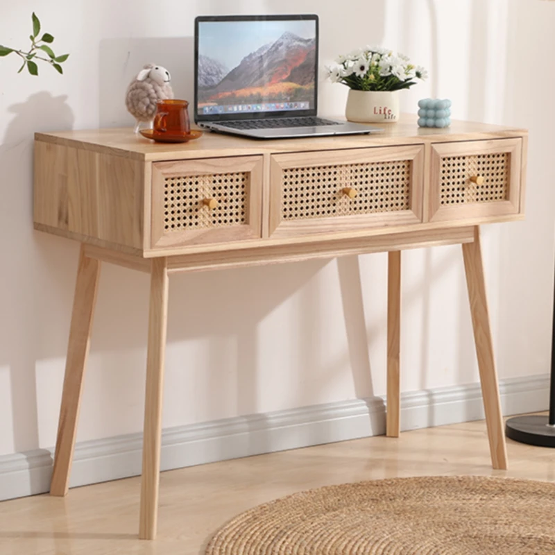 Kraft Woven Rattan Console Table with Storage Drawers Narrow Wood Entryway Table Modern and Boho Accent Sofa Bar Table