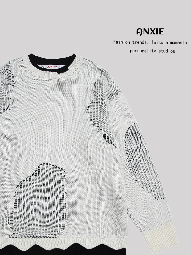 

Вязаный свитер ANXIE Color Blo для мужчин и женщин, повседневный городской стиль, с геометрическим узором, длинный рукав, круглый вырез