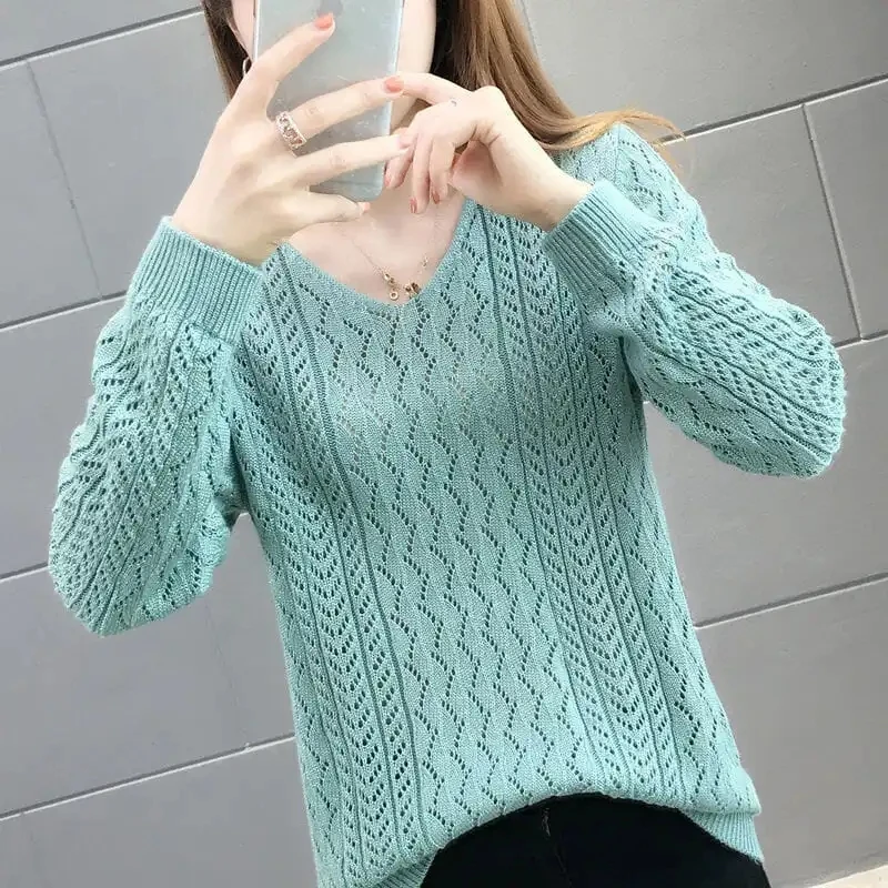 Otoño Invierno nuevo suéter de cachemira mujeres mantener caliente jerseys con cuello en V suéteres de punto moda coreana camisetas de manga larga