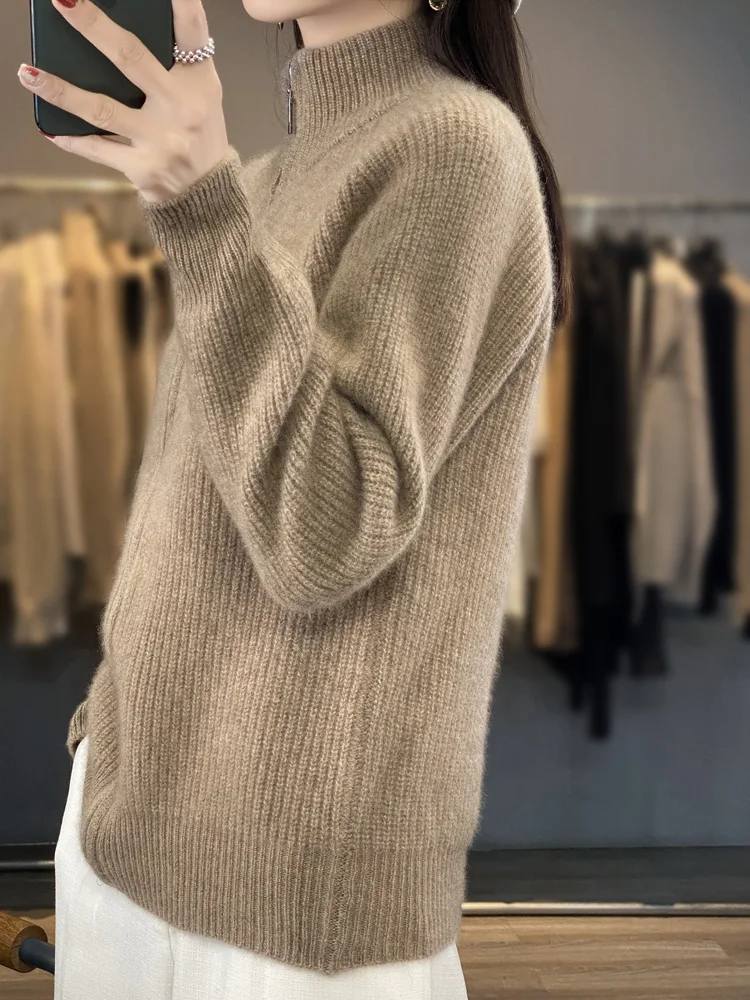 

Women’s Zippers Sweater Cardigans Warm Thick Raglan Sleeve Striped Jacquard Casual 100% Merino Wool Knitwear Autumn Winter Tops