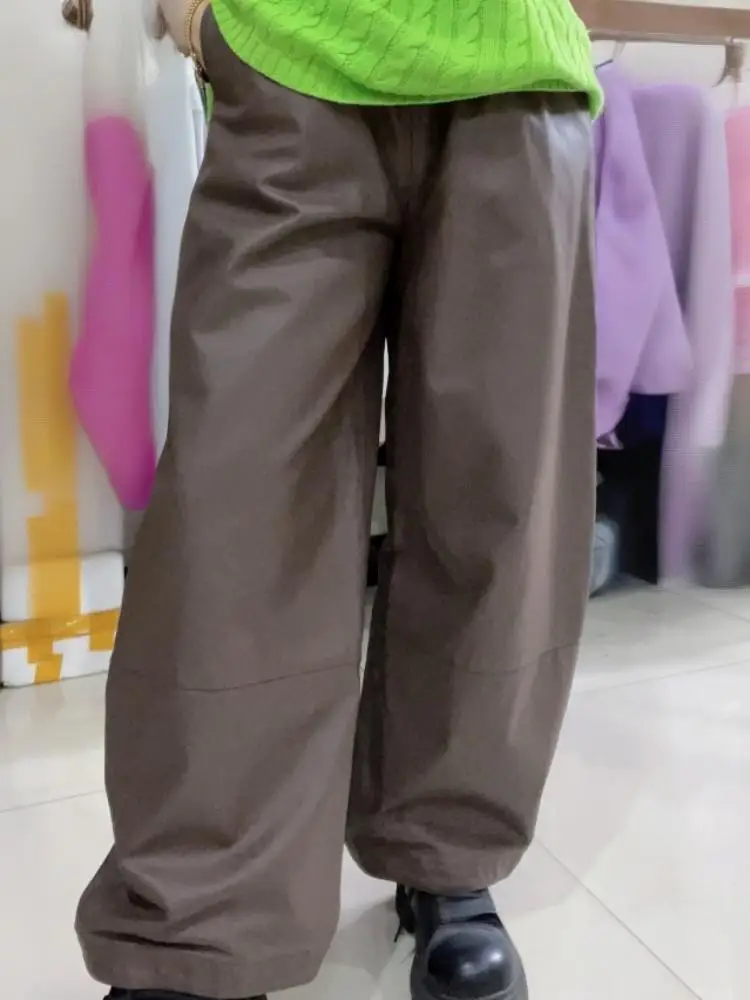 Streetwear Style Pocket Elastic Waist Ladies Handmade Genuine Leather Pants Solid Color Sheepskin Loose Wide Leg Trousers
