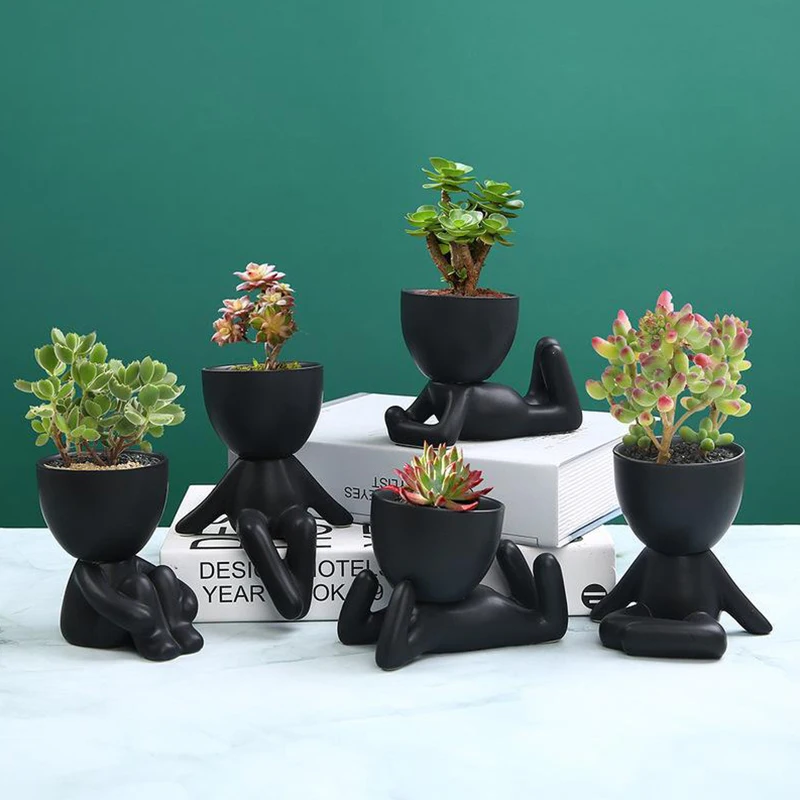 Nordic Creative Humanoid Suculentas Ceramic Planter INS Simple Modern Home Decoration Small Figure Modeling Black Flowerpot