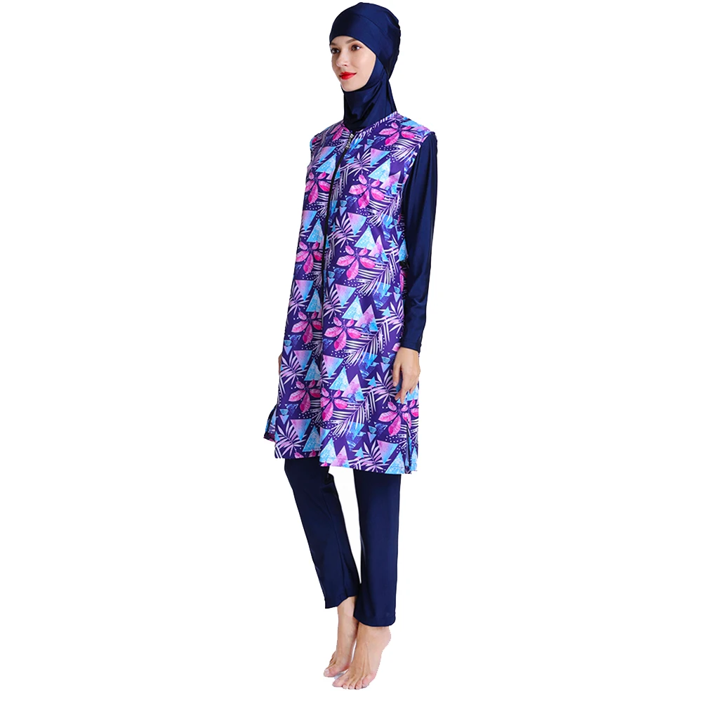 Burkini Purple Floral Swimsuit with Zipper Beachwear, All Cover, Beach Wear with Cap, Arabian Women\'s Swimwear, New, S-3XL, 3Pcs