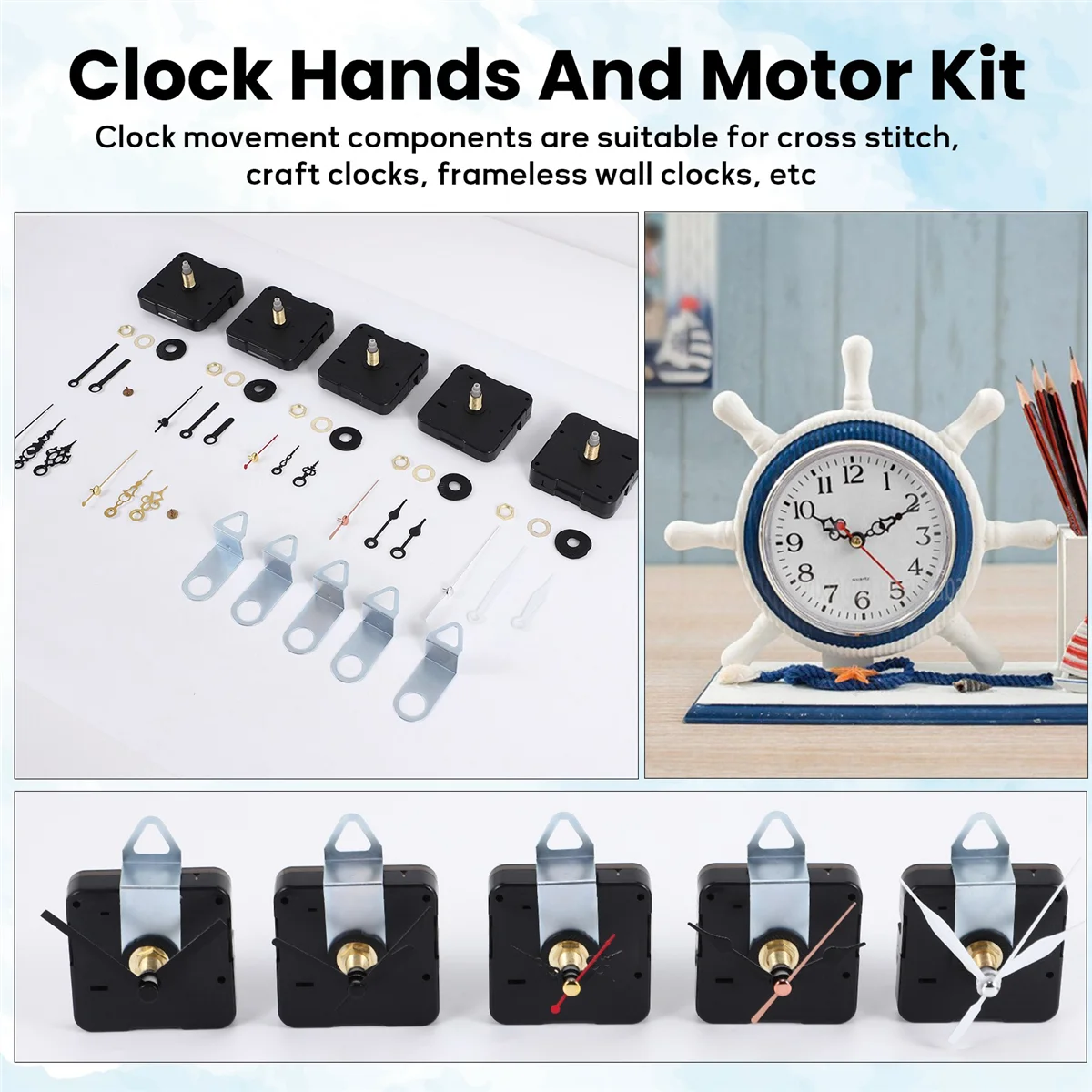 

CLCUV 5 Pcs Clock Movement Mechanism Parts Silence Quartz DIY Wall Clock with 7 Different Pairs Clock Hands Replacement Kit